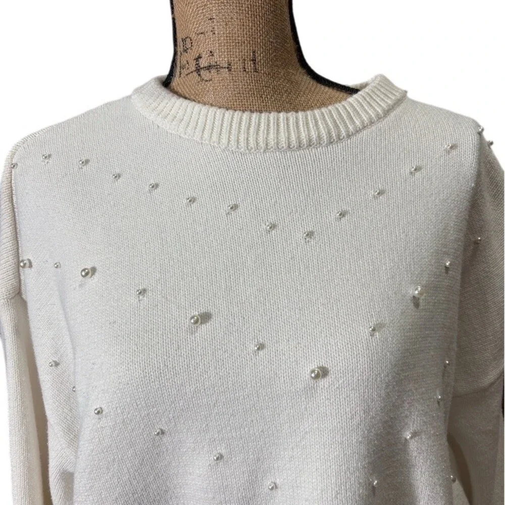 Express Sweater Womens XL Ivory Faux Pearl Embellished Crew Neck Oversized - Picture 2 of 7